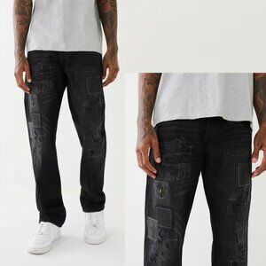 NWT New True Religion Ricky Distressed Patchwork Big T Black Jeans Size 36